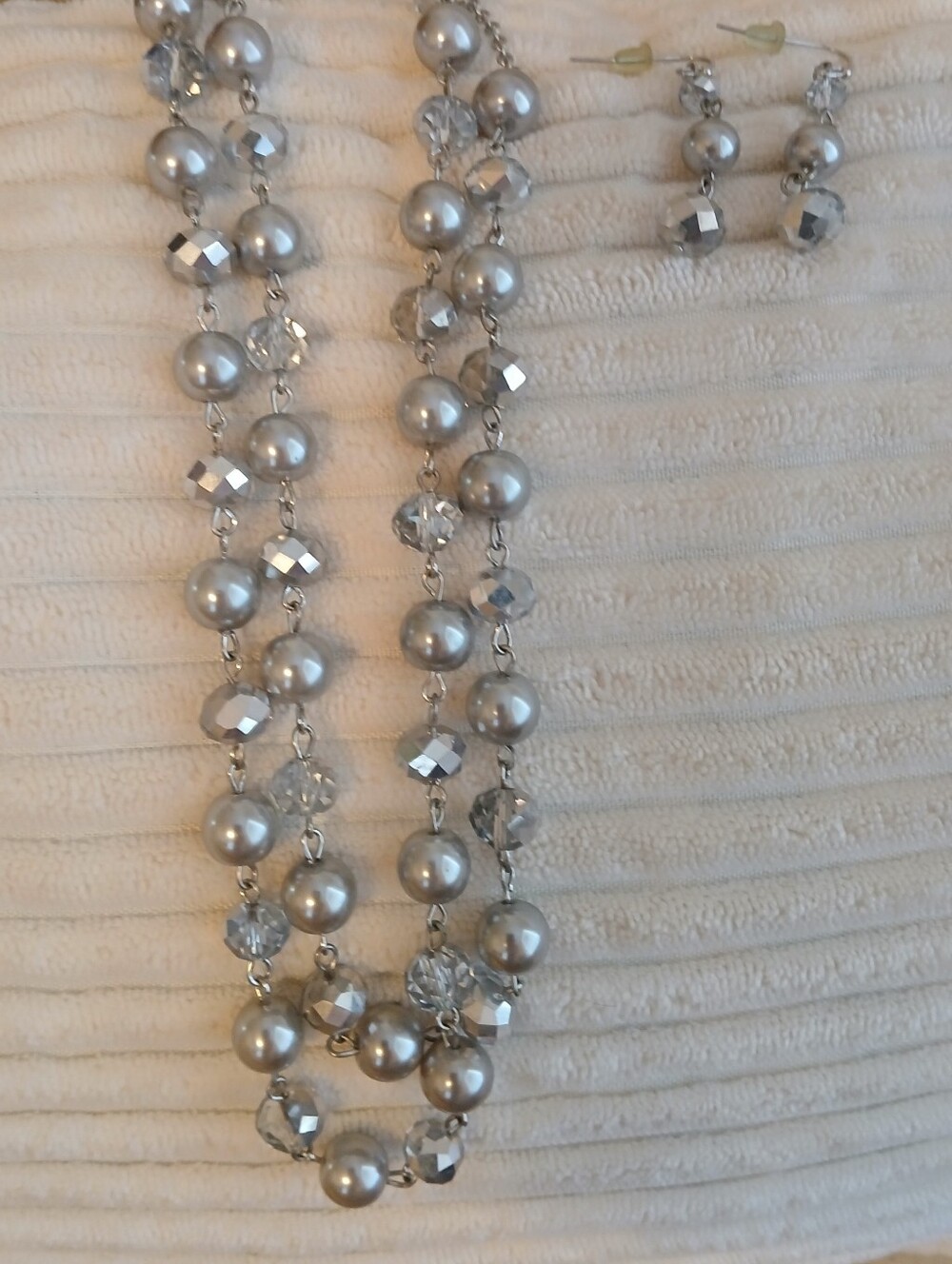 Classic Silver Pearl and Faceted Crystal Multi-Strand Necklace Set